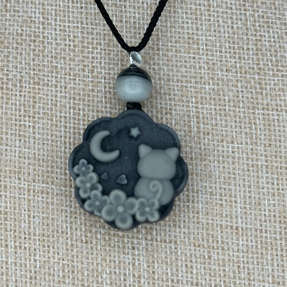 Tai Chi Stone Cat and Moon Pendant Necklace: Silver Accent on Adjustable Rope - Picture 4 of 10